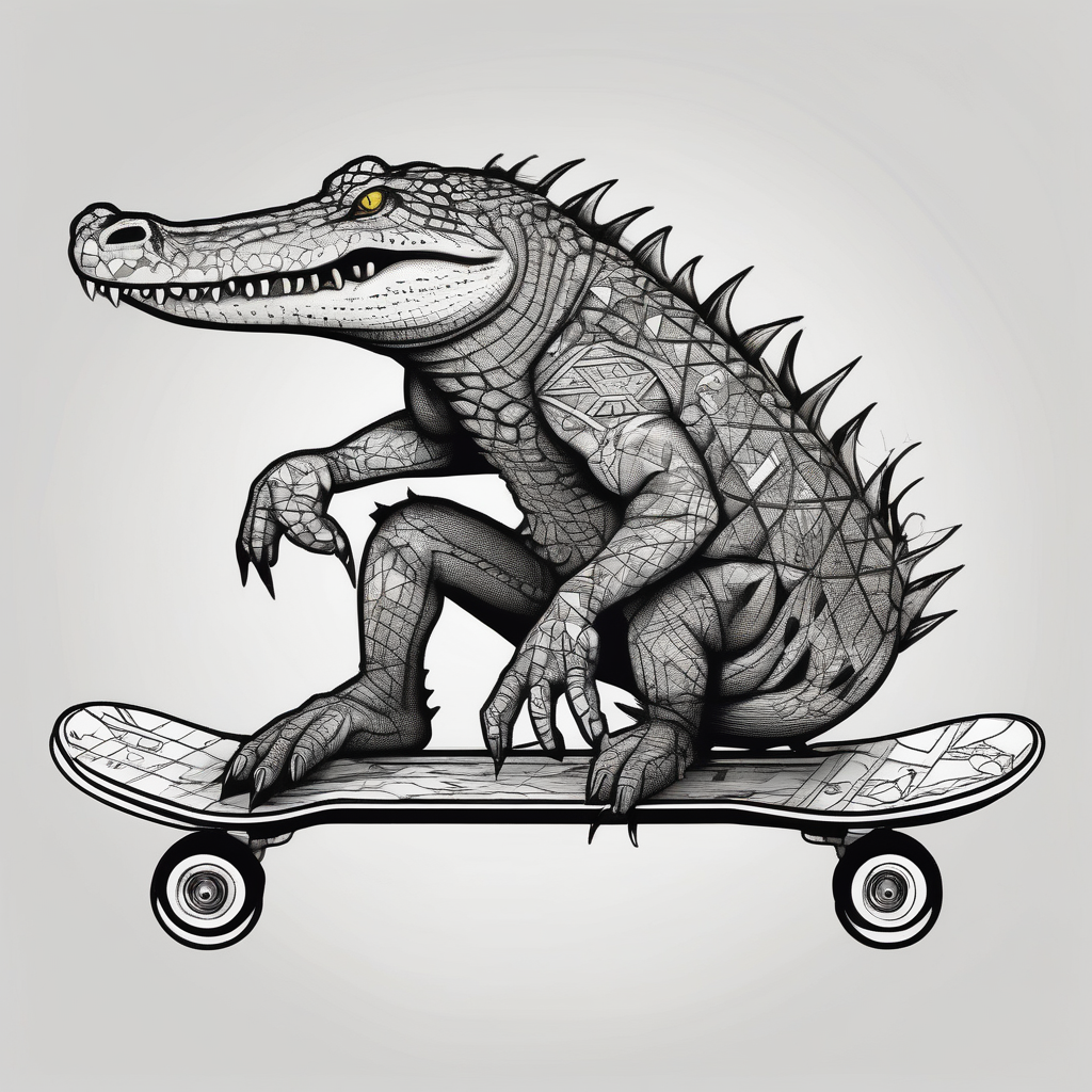 crocodile riding a skateboard with piercings and tattoos fishing tattoos, AI-generated Geometric tattoo design